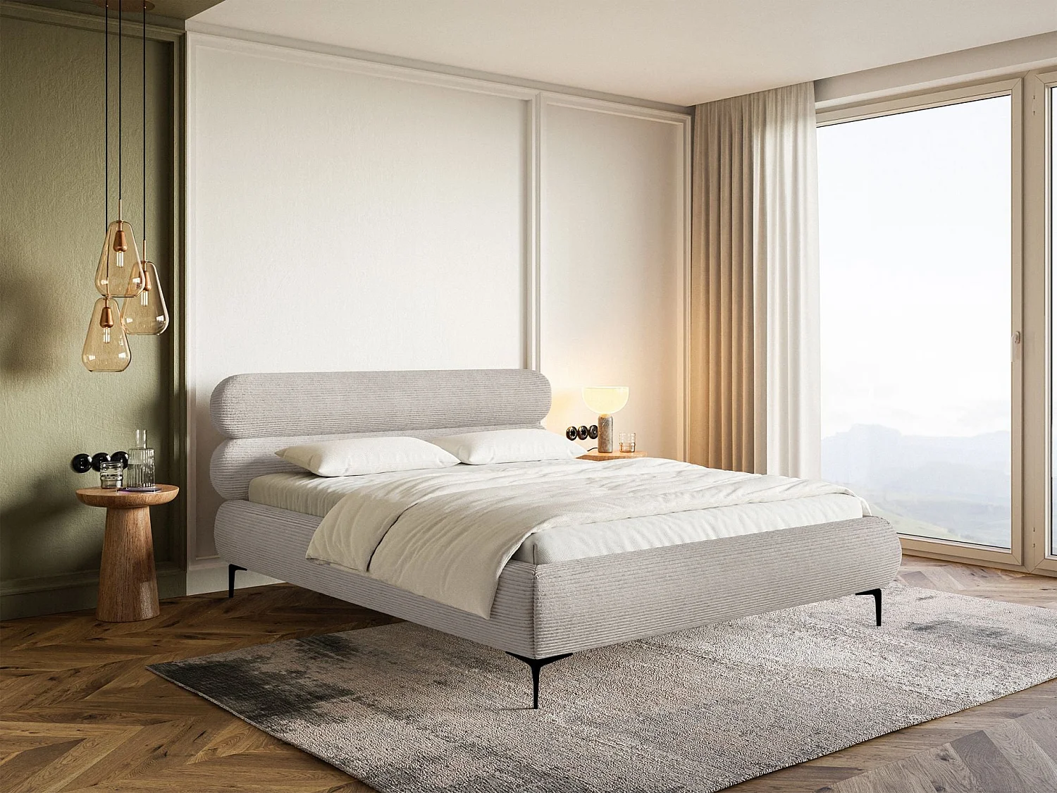 Gestoffeerd bed 180×200 – ribfluweel en goudkleurige poten – greige – ROULE CORD