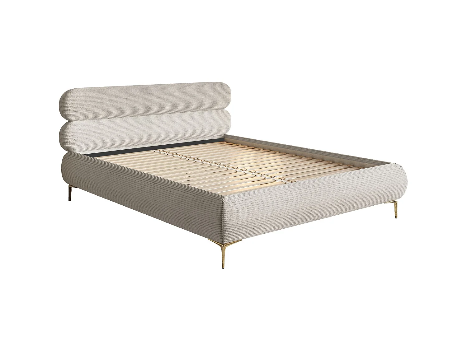Gestoffeerd bed 180×200 – ribfluweel en goudkleurige poten – greige – ROULE CORD