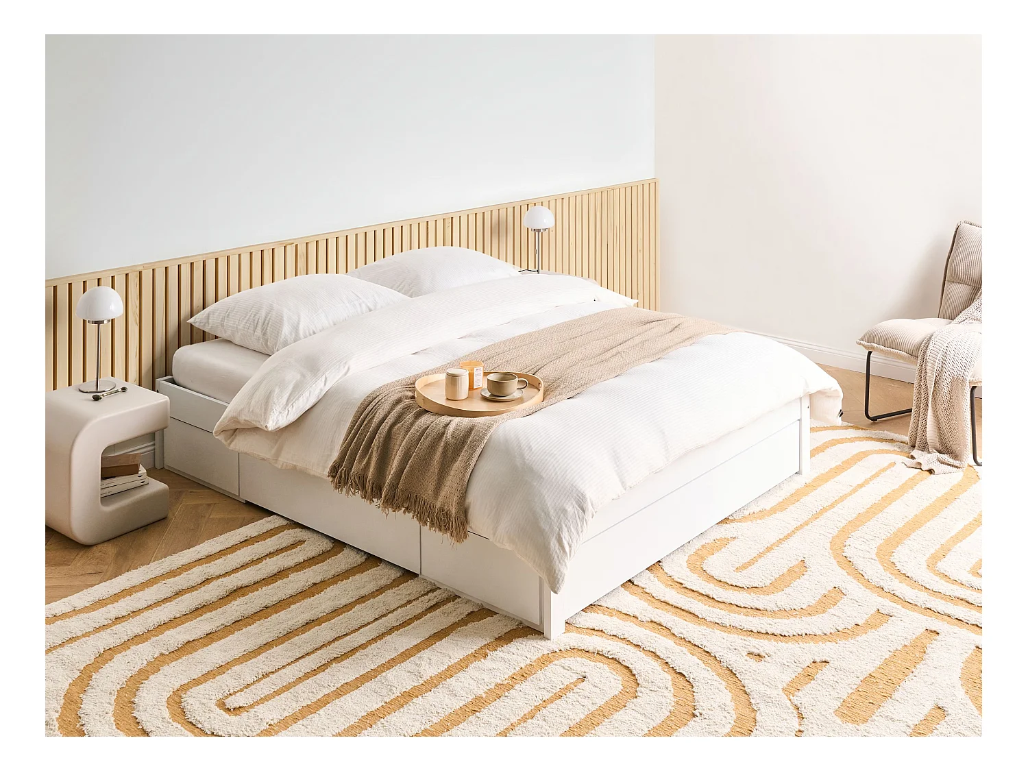 Lit avec tiroirs de rangement sans tête de lit Bois GIAT 160 x 200 cm Blanc