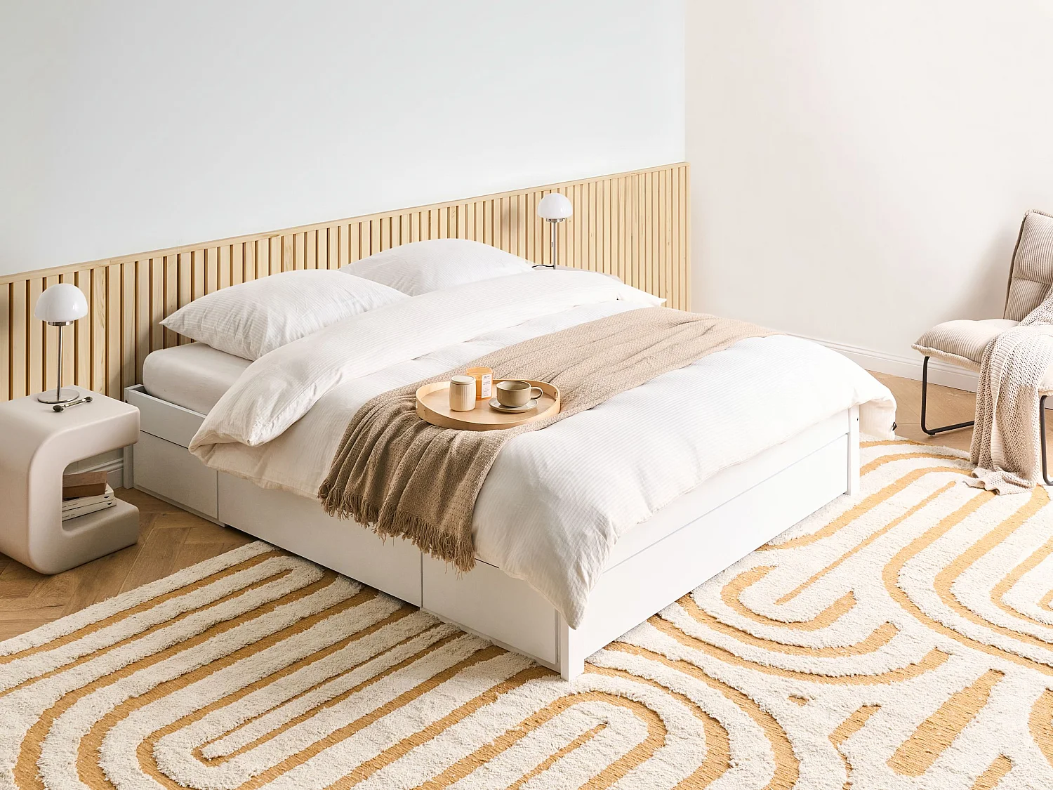 Lit avec tiroirs de rangement sans tête de lit GIAT Bois Blanc 160 x 200 cm