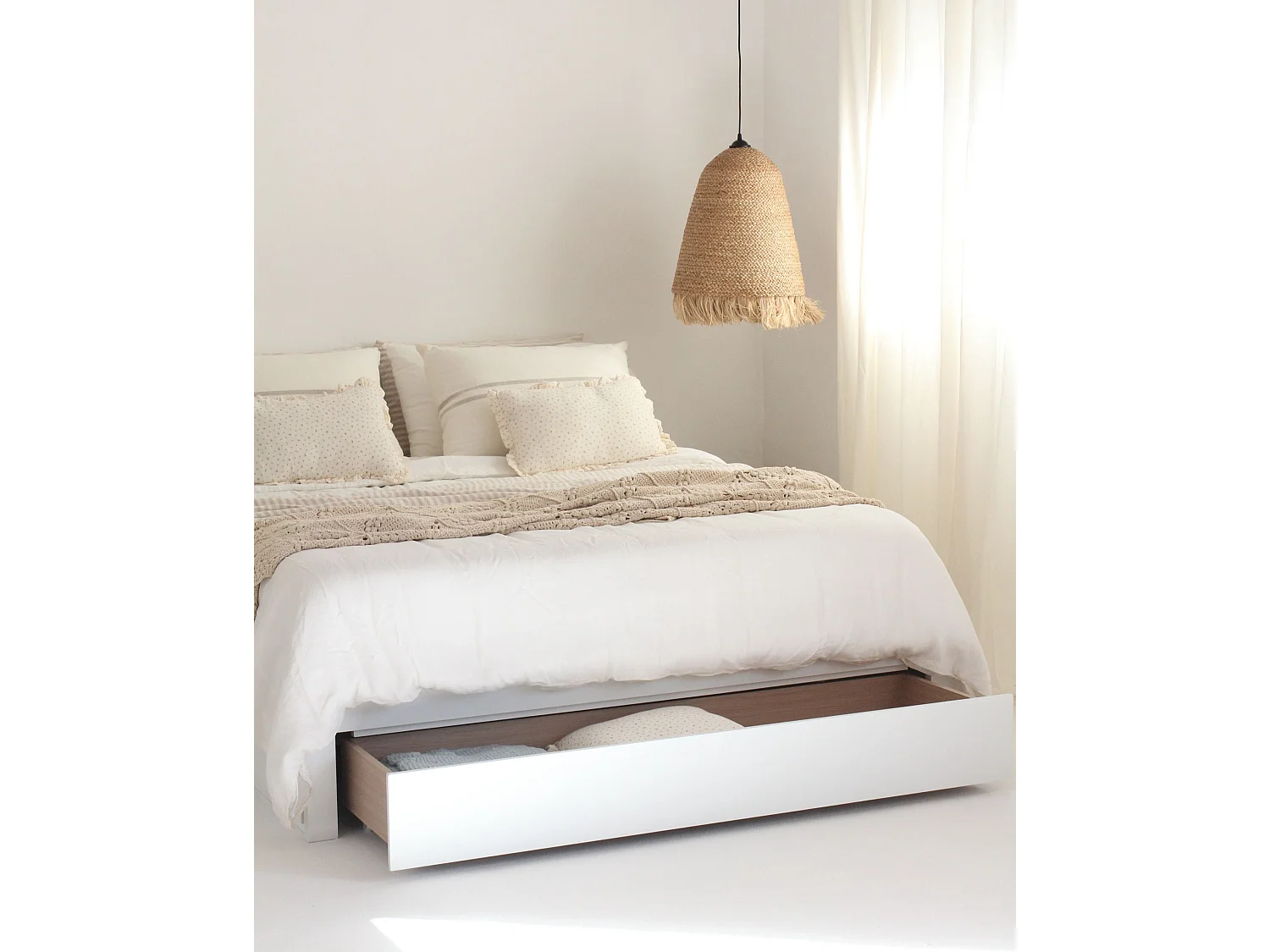 Lit avec tiroirs de rangement sans tête de lit GIAT Bois Blanc 160 x 200 cm