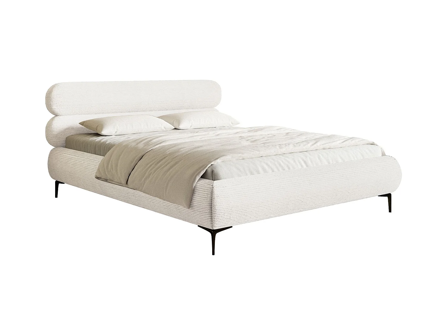 Gestoffeerd bed 140×200 – ribfluweel en zwarte poten – crème – ROULE CORD