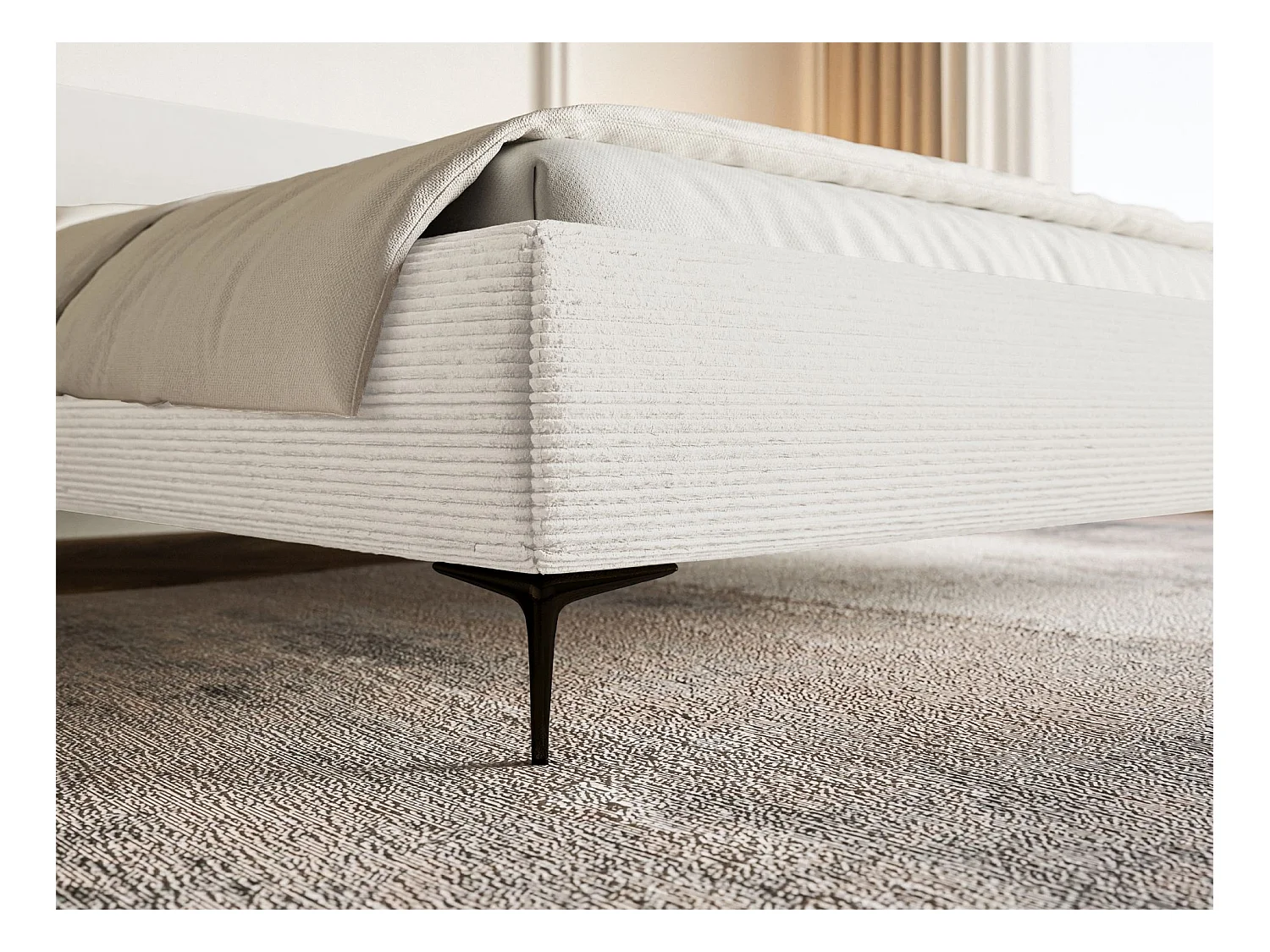 Gestoffeerd bed 140×200 – ribfluweel en zwarte poten – crème – ROULE CORD