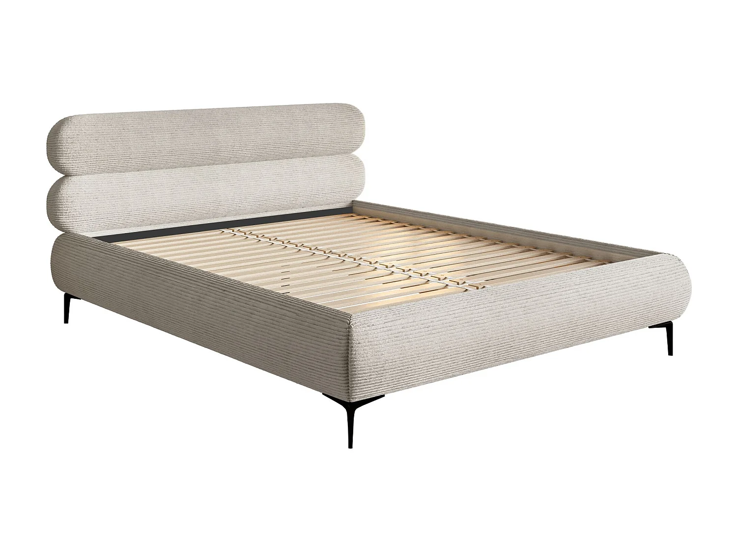 Lit tapissé 140x200 – sans rangement – velours côtelé – crème – ROULE CORD