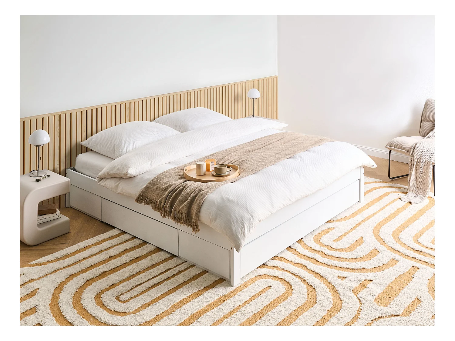 Lit avec tiroirs de rangement sans tête de lit Bois GIAT 180 x 200 cm Blanc