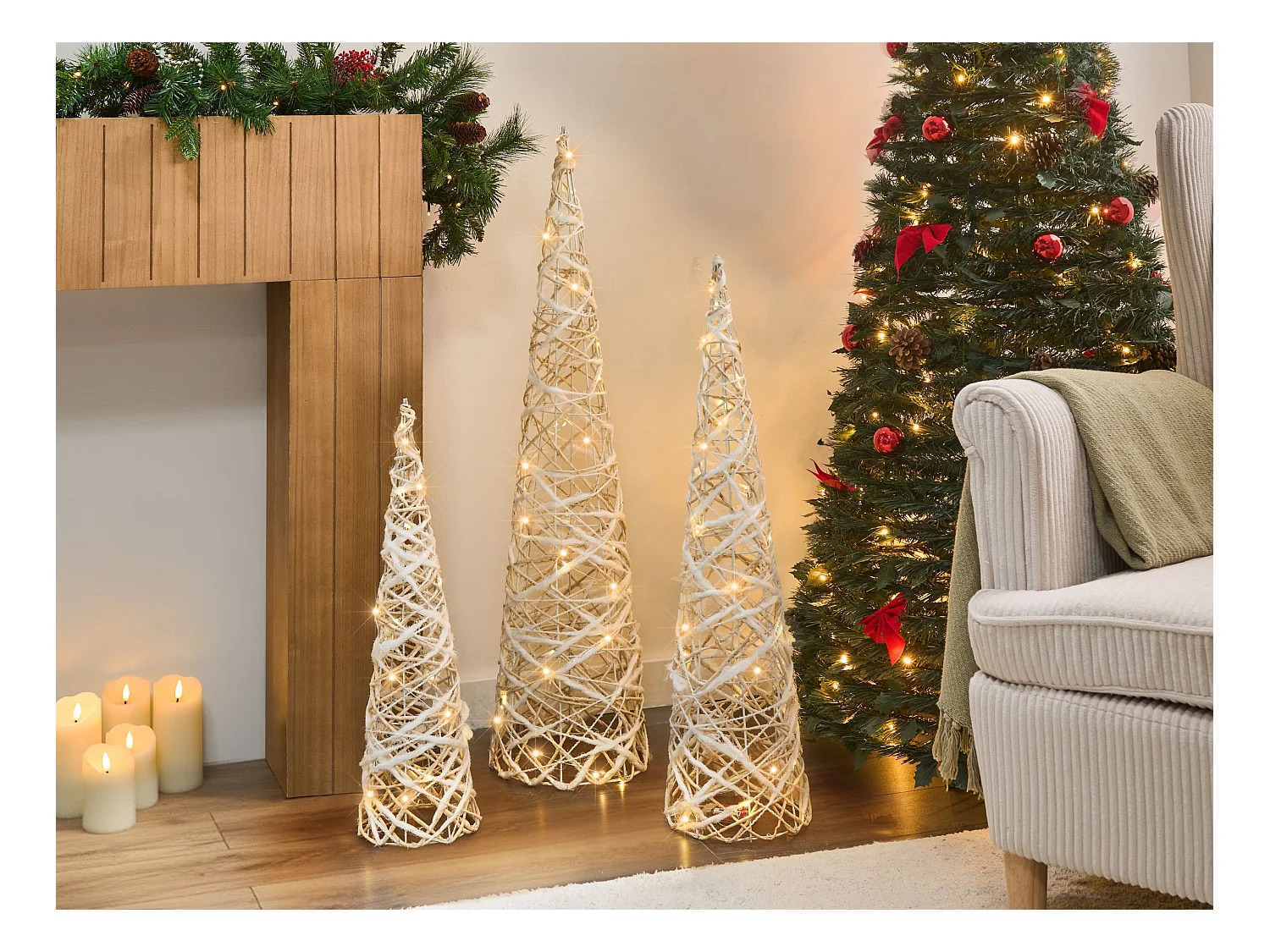 Lot de 3 décorations de Noël TUELSO Arbre de Noël 60/80/100 cm Blanc/doré