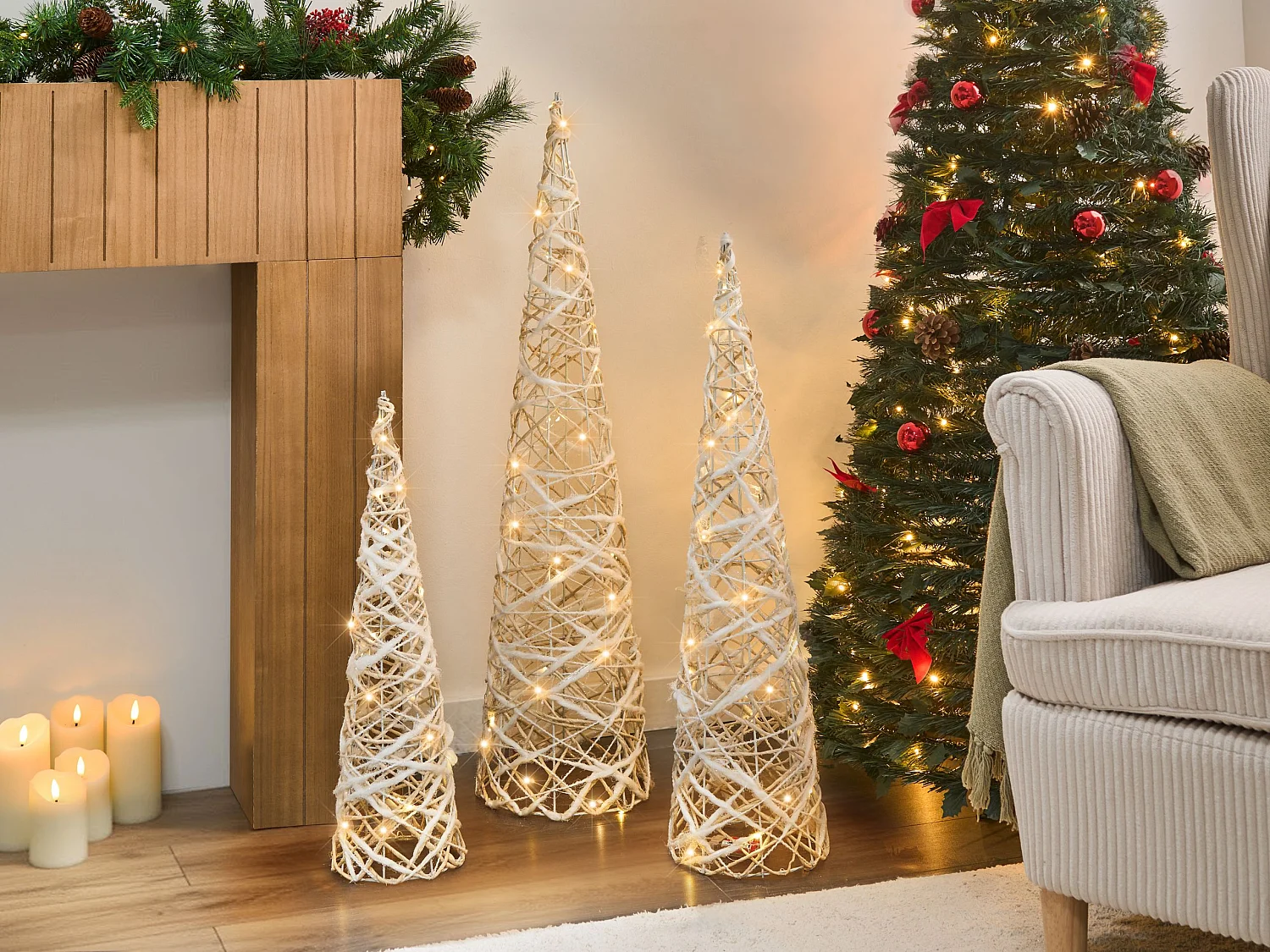 Lot de 3 décorations de Noël TUELSO 60/80/100 cm Arbre de Noël Blanc/doré