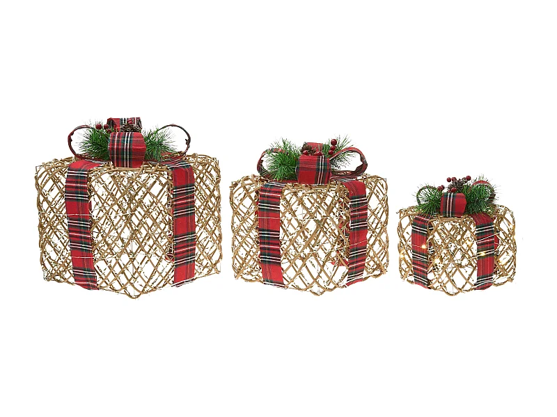 Lot de 3 décorations de Noël LED VANDET Cadeaux de Noël 20/25/30 cm Marron