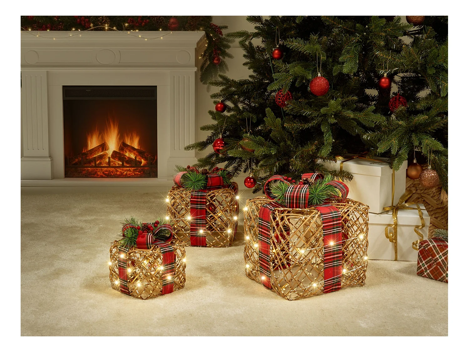 Lot de 3 décorations de Noël LED VANDET Cadeaux de Noël 20/25/30 cm Marron