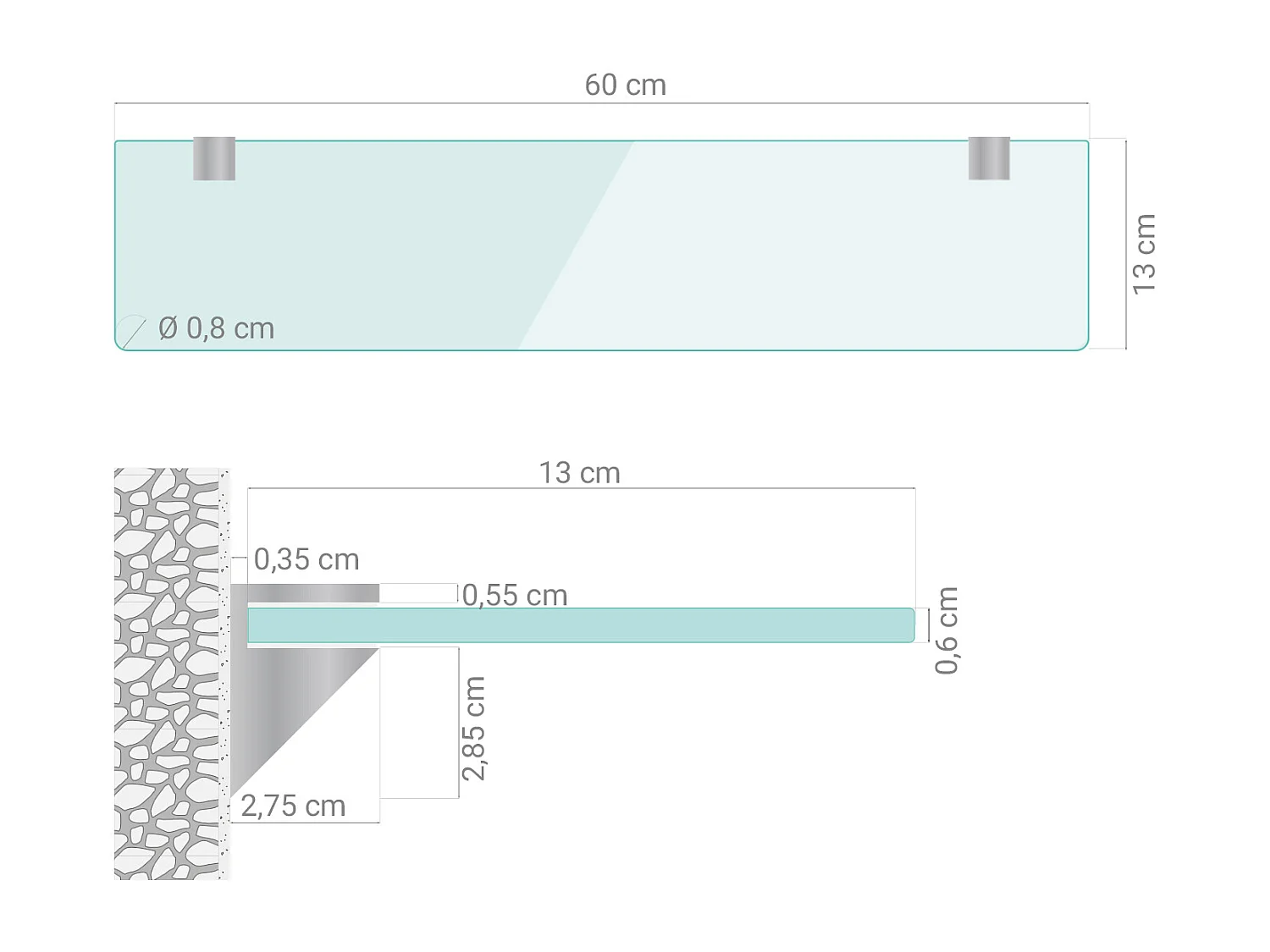 Glas Wandregal 60x13 cm Transparent – Glasboden Bad klar, Wandablage unter Spiegel ohne Bohrung