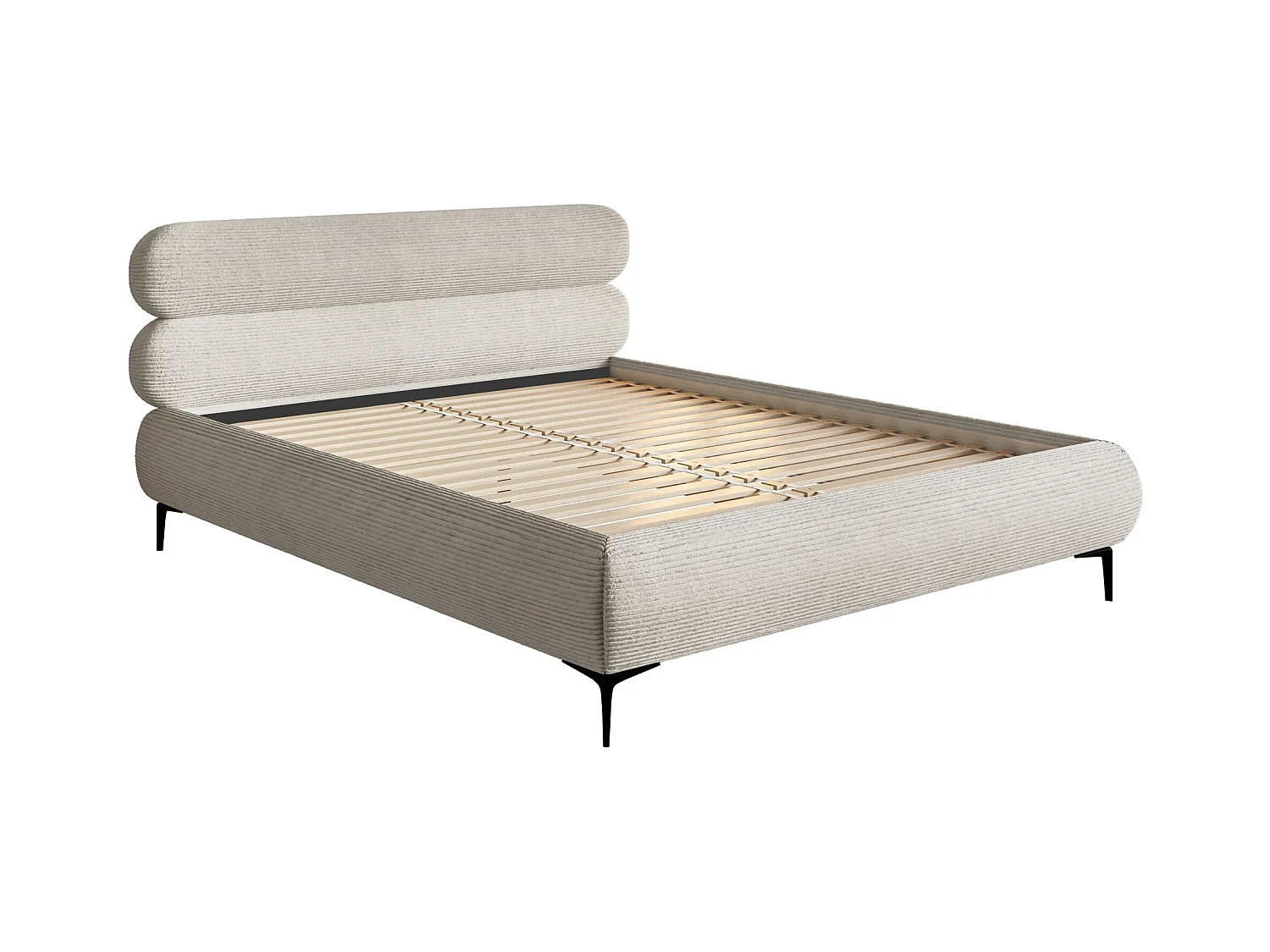 Gestoffeerd bed 140×200 – ribfluweel en zwarte poten – greige – ROULE CORD