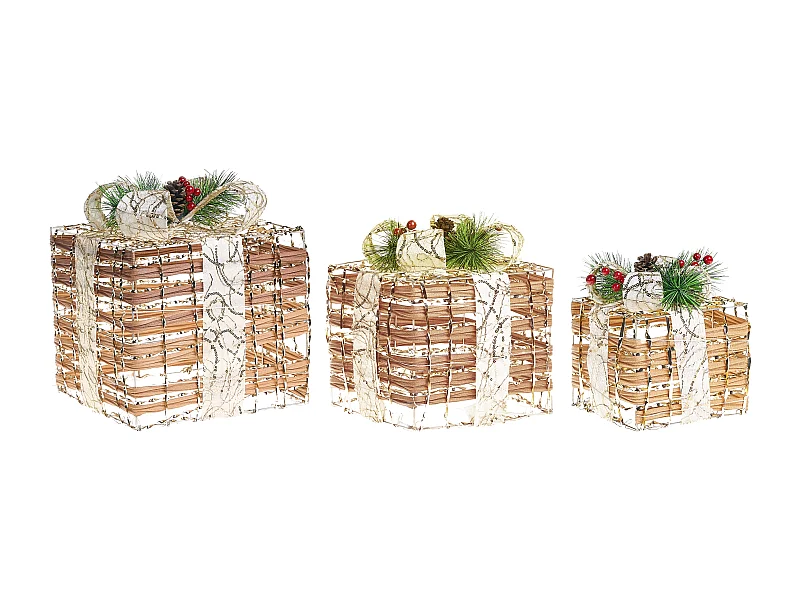 Lot de 3 décorations de Noël LED TISSO Cadeaux de Noël 20/25/30 cm Marron