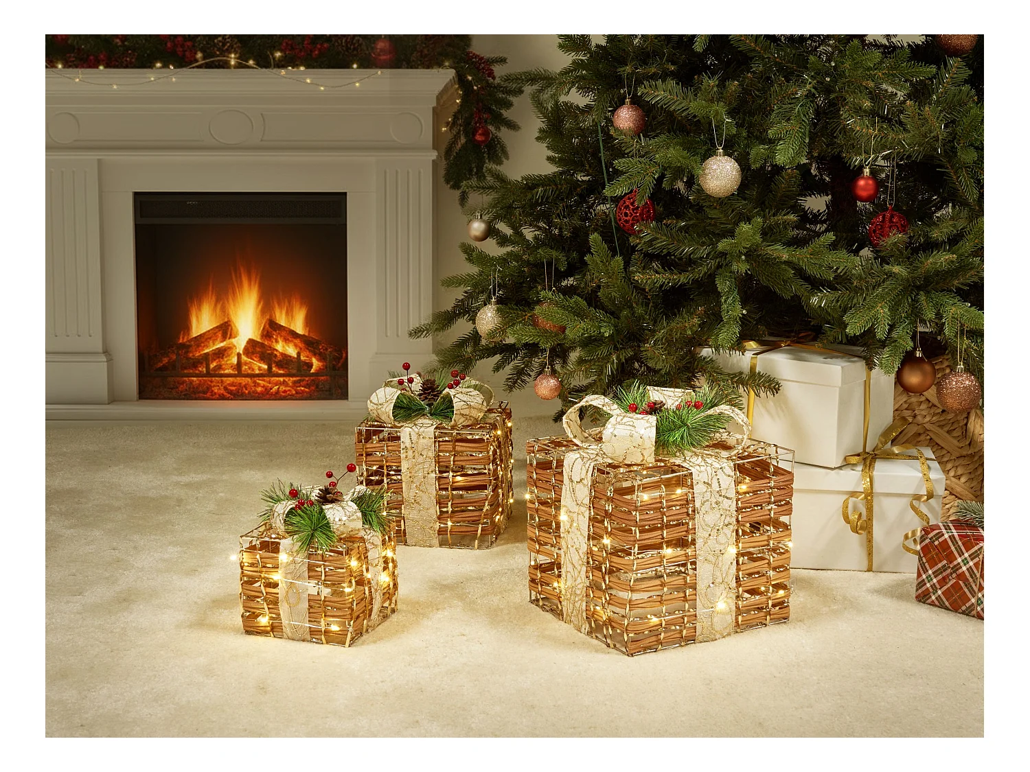 Lot de 3 décorations de Noël LED TISSO Cadeaux de Noël 20/25/30 cm Marron