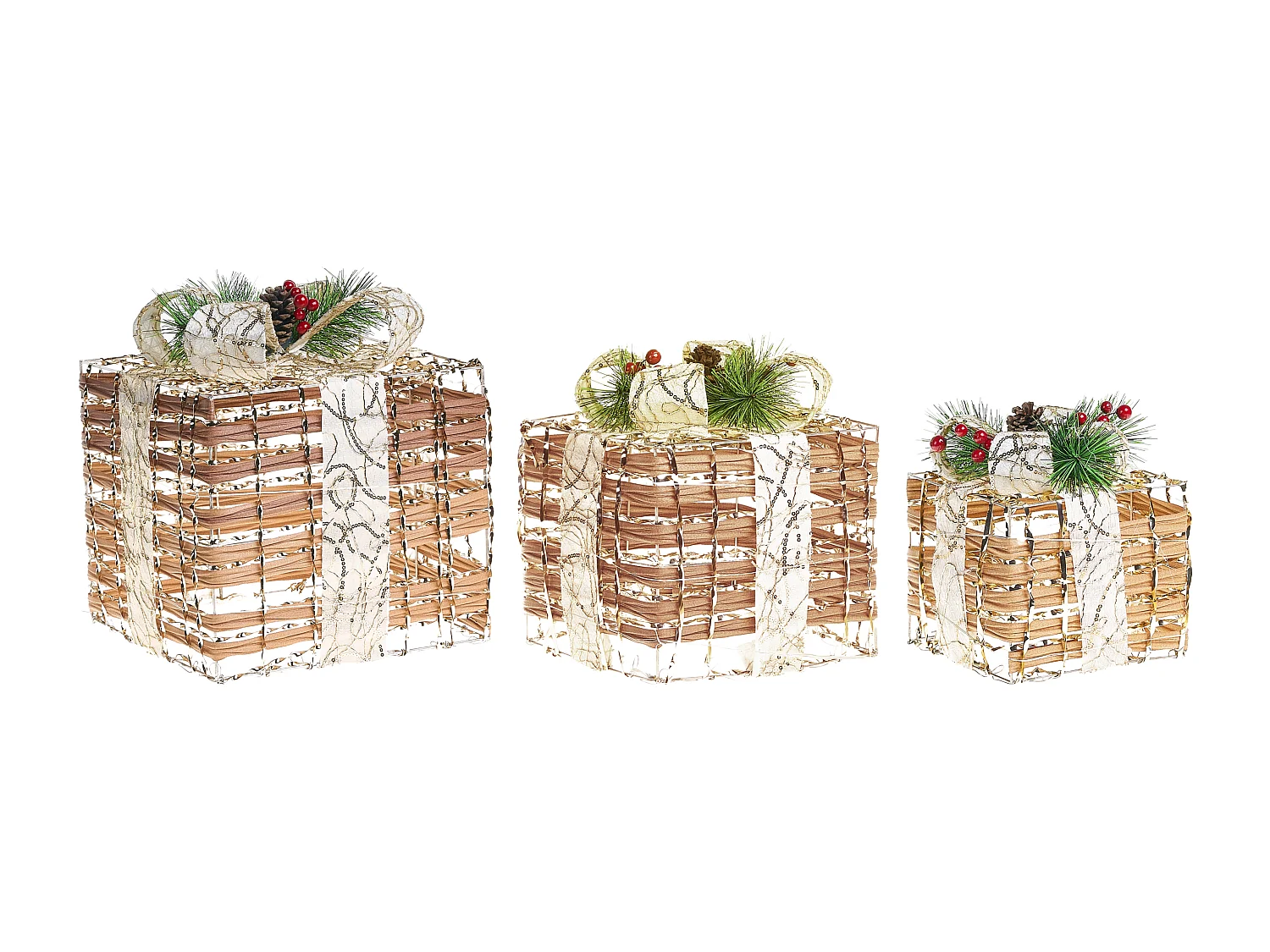 Lot de 3 décorations de Noël LED TISSO Cadeaux de Noël 20/25/30 cm Marron