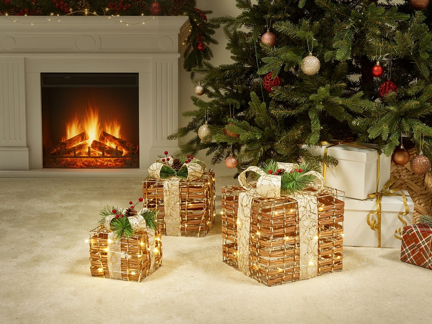 Lot de 3 décorations de Noël LED TISSO Cadeaux de Noël 20/25/30 cm Marron