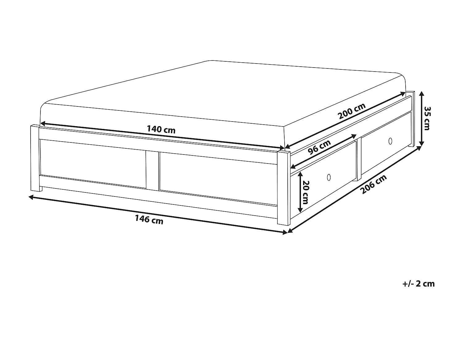 Lit avec tiroirs de rangement sans tête de lit BRUX 140 x 200 cm Blanc