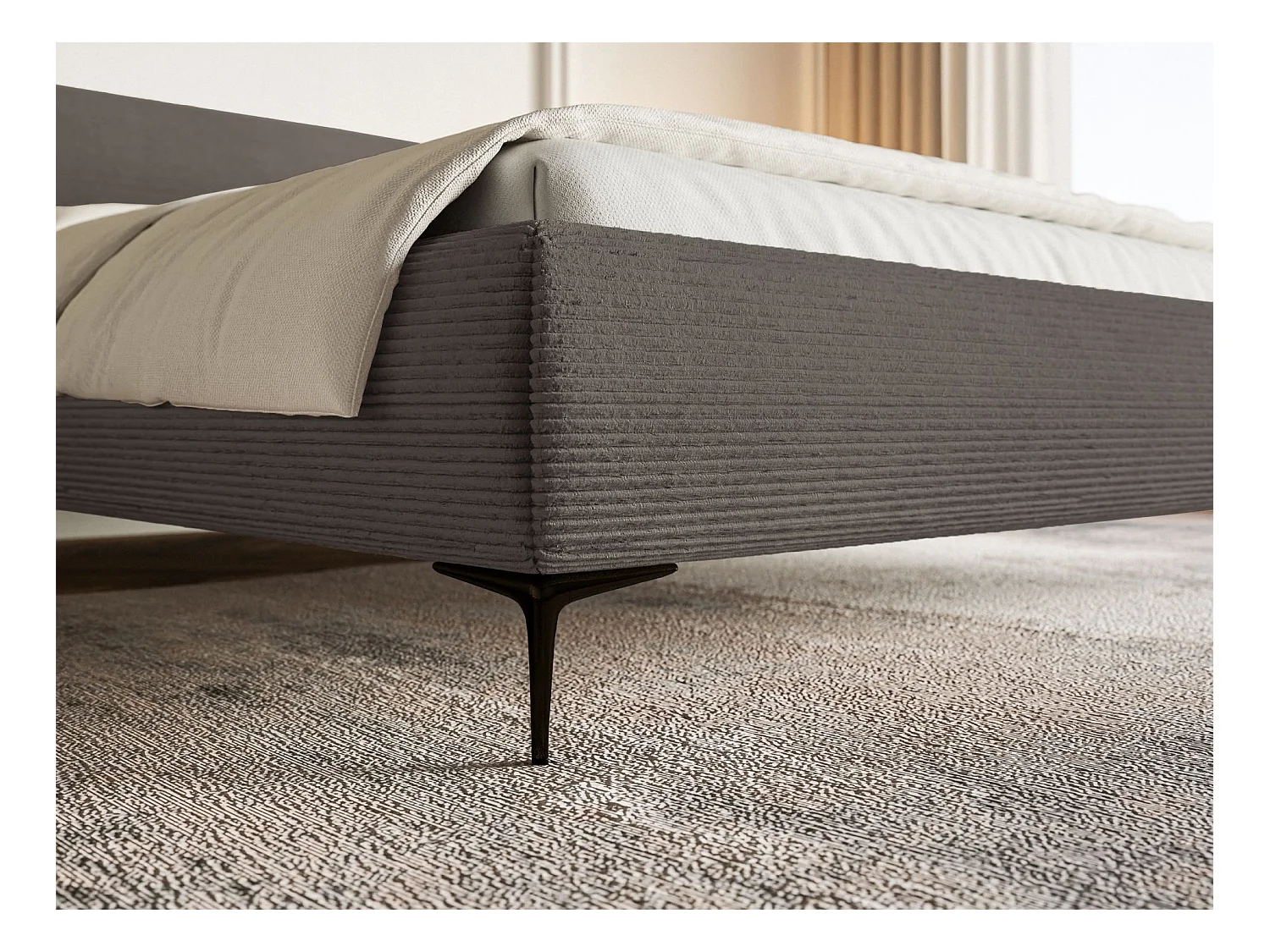 Gestoffeerd bed 140×200 – ribfluweel en goudkleurige poten – grijs – ROULE CORD
