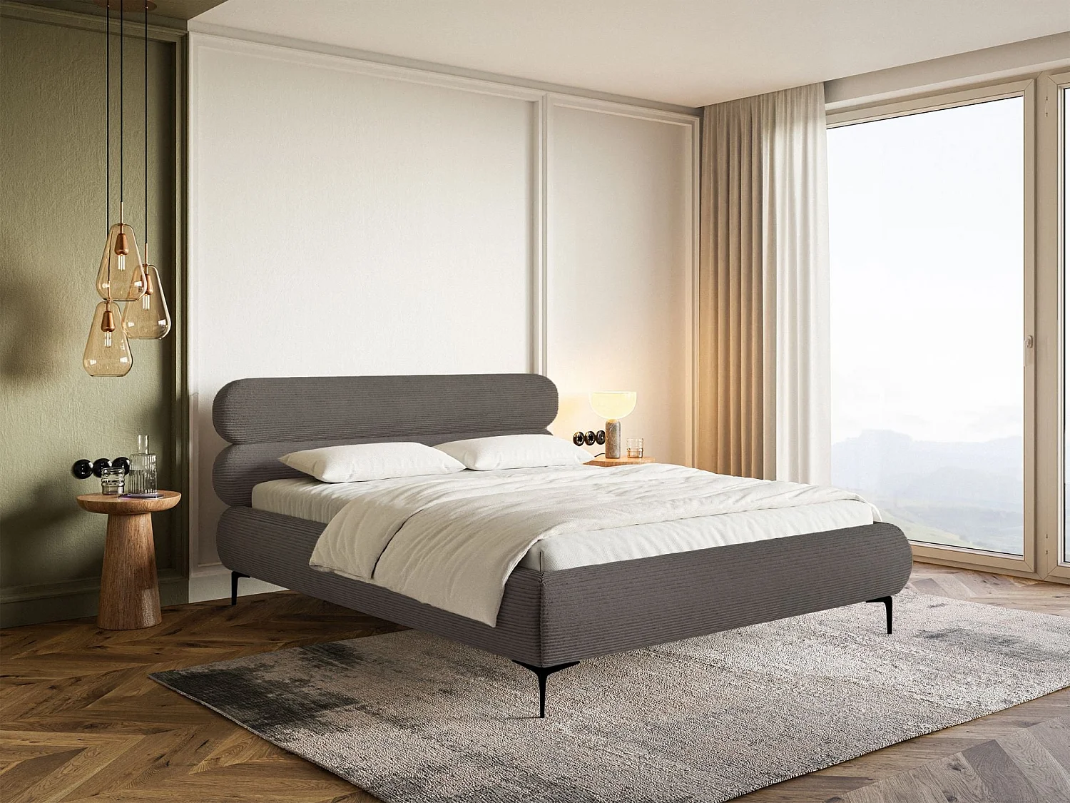 Gestoffeerd bed 140×200 – ribfluweel en goudkleurige poten – grijs – ROULE CORD