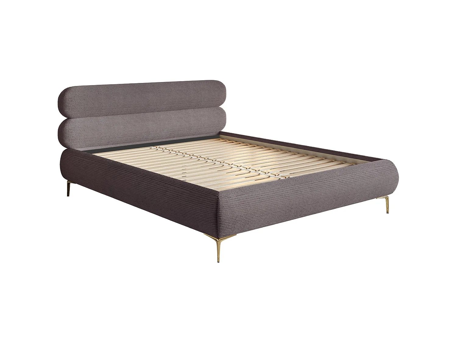 Gestoffeerd bed 140×200 – ribfluweel en goudkleurige poten – grijs – ROULE CORD