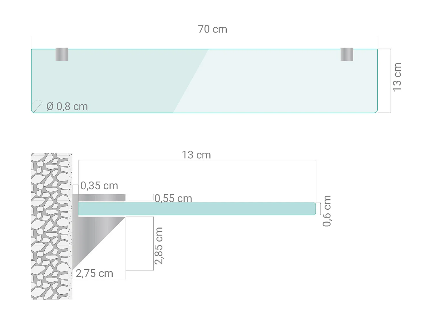Glas Wandregal 70x13 cm – Transparentes Glasregal Badezimmer, Schwebendes Regal aus Sicherheitsglas