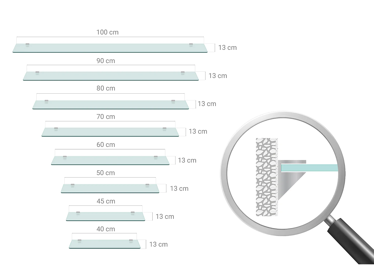 Glas Wandregal 70x13 cm – Transparentes Glasregal Badezimmer, Schwebendes Regal aus Sicherheitsglas