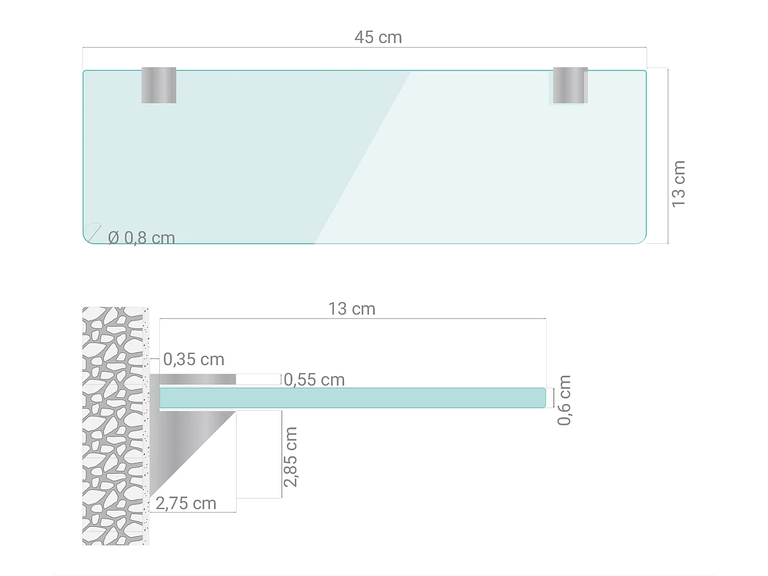 Glas Wandregal 45x13 cm Transparent – Bad Ablage aus Sicherheitsglas, Wandmontage unter Spiegel