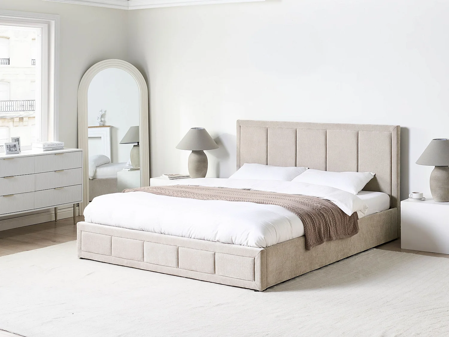 Lit ottoman QUIBERON Tissu chenille Taupe 180 x 200 cm