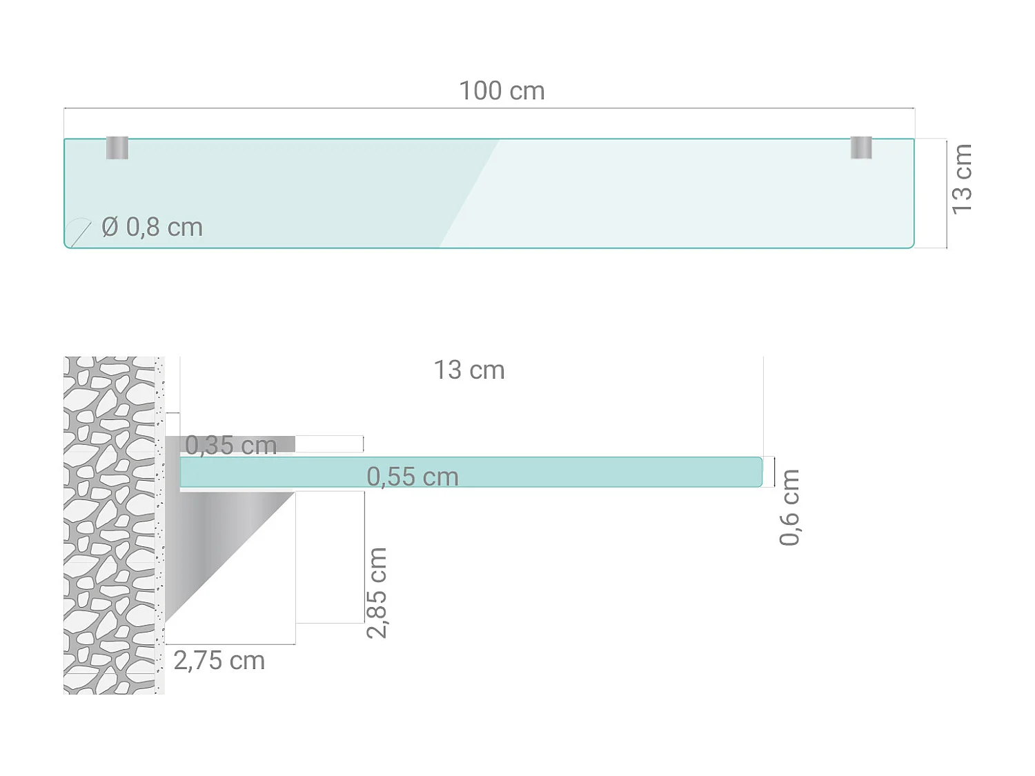 Glas Wandregal 100x13 cm – Transparentes Glasboard Bad, Schwebendes Wandregal aus Sicherheitsglas