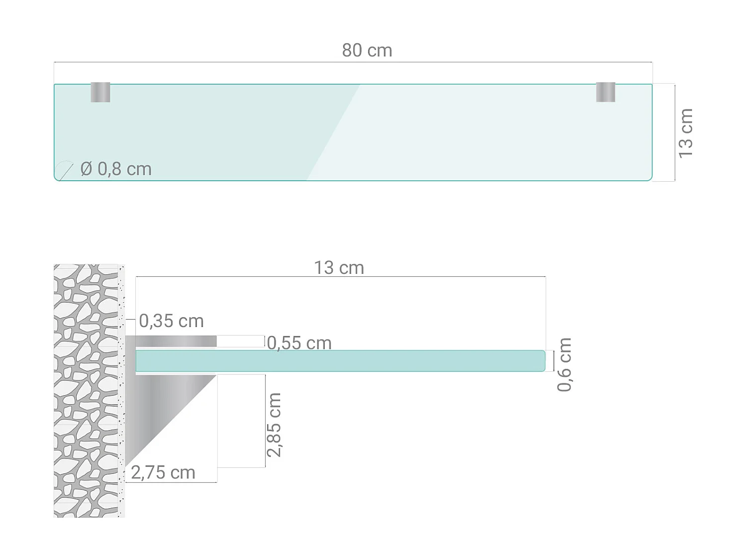 Glas Wandregal 80x13 cm Transparent – Bad Wandablage aus Glas, Glasboden klar mit Halterungen