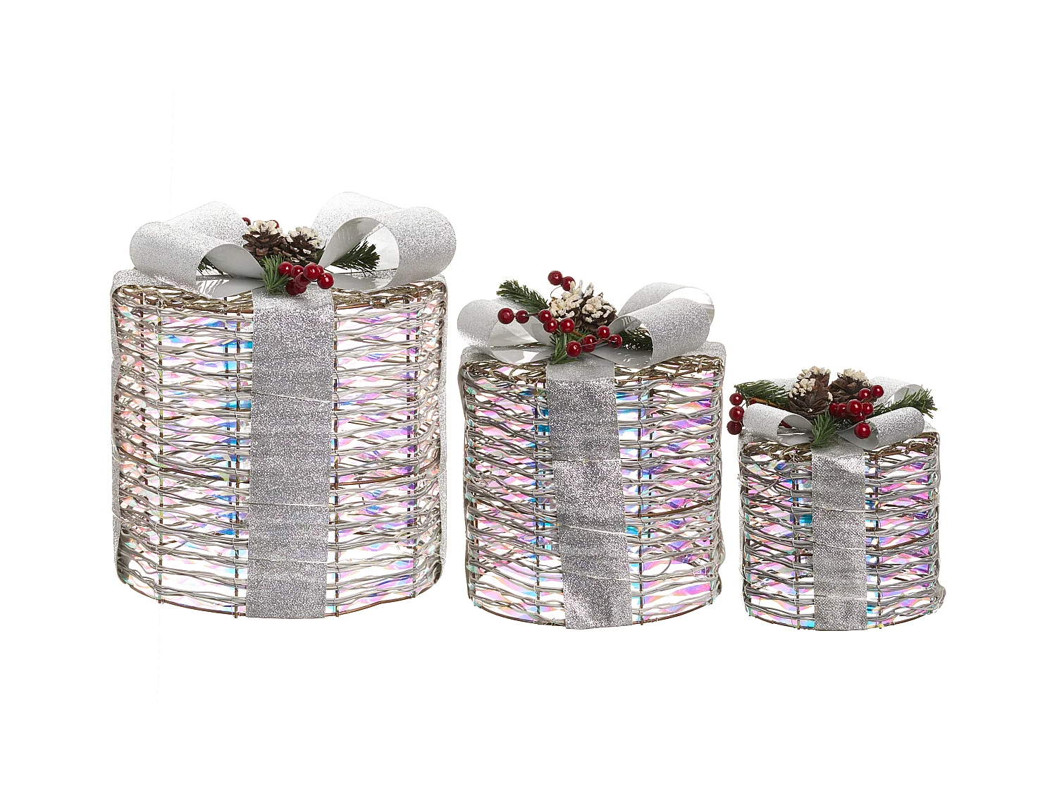 Lot de 3 décorations de Noël LED JULSO Cadeaux de Noël 20/25/30 cm Argenté