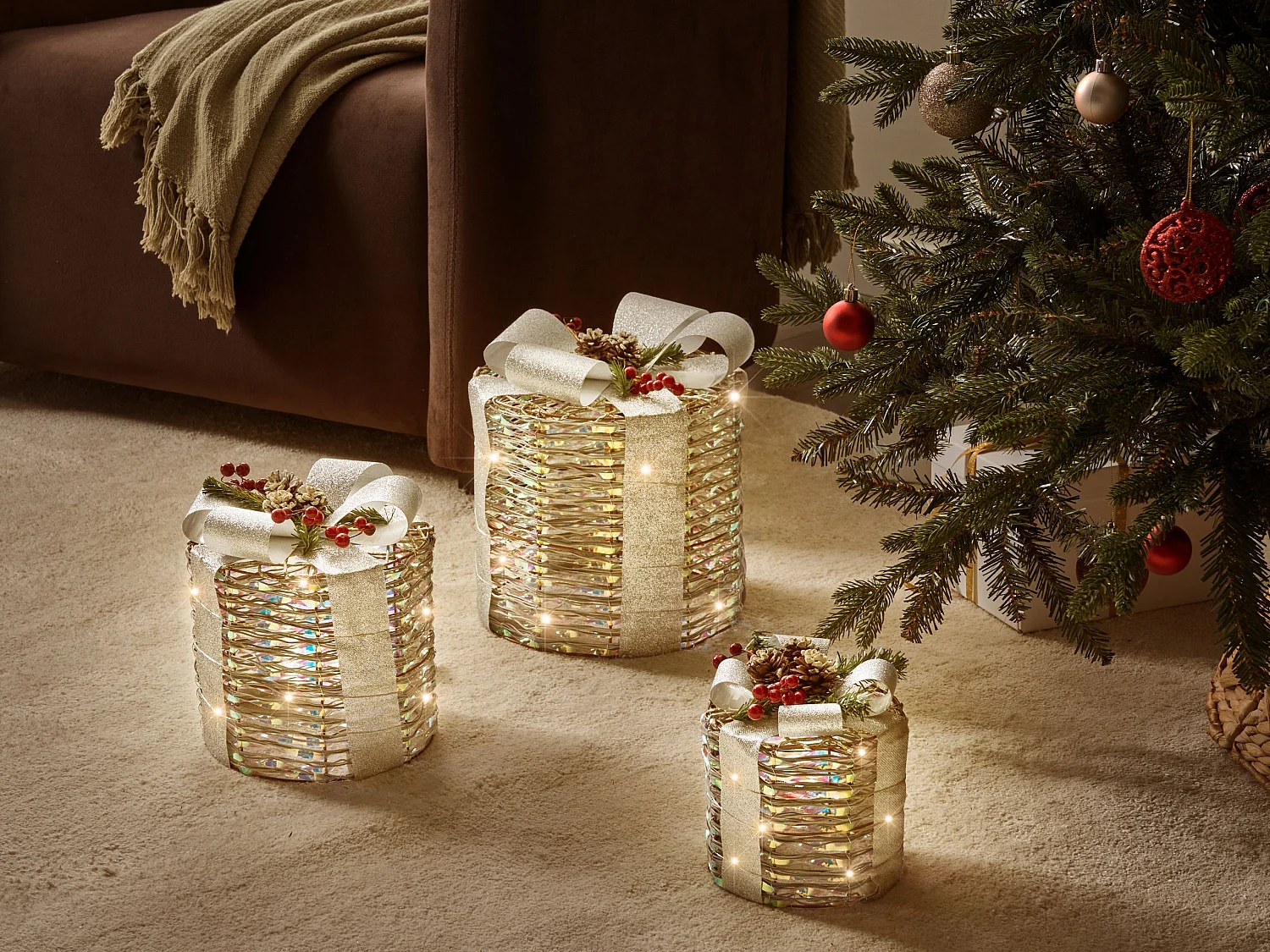 Lot de 3 décorations de Noël LED JULSO Cadeaux de Noël 20/25/30 cm Argenté