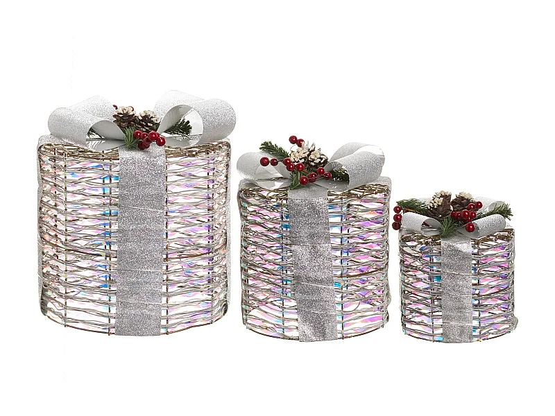 Lot de 3 décorations de Noël LED JULSO Cadeaux de Noël 20/25/30 cm Argenté