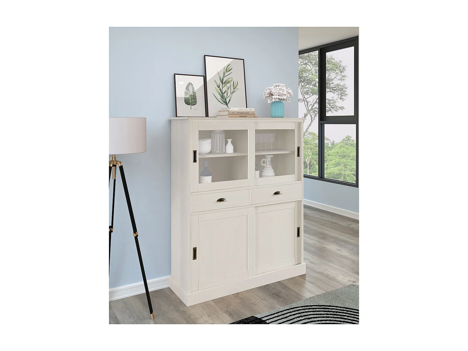 Harry | Armoire avec 2 portes vitrées et 2 portes en pin laqué blanc