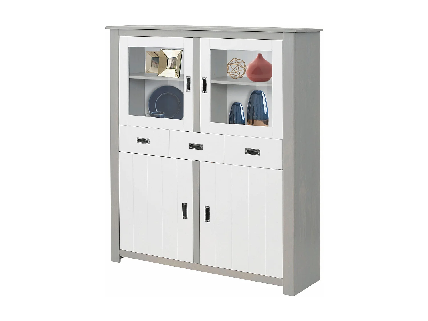 Kampen | Buffet Haut avec 3 tiroirs et 4 portes en blanc / gris