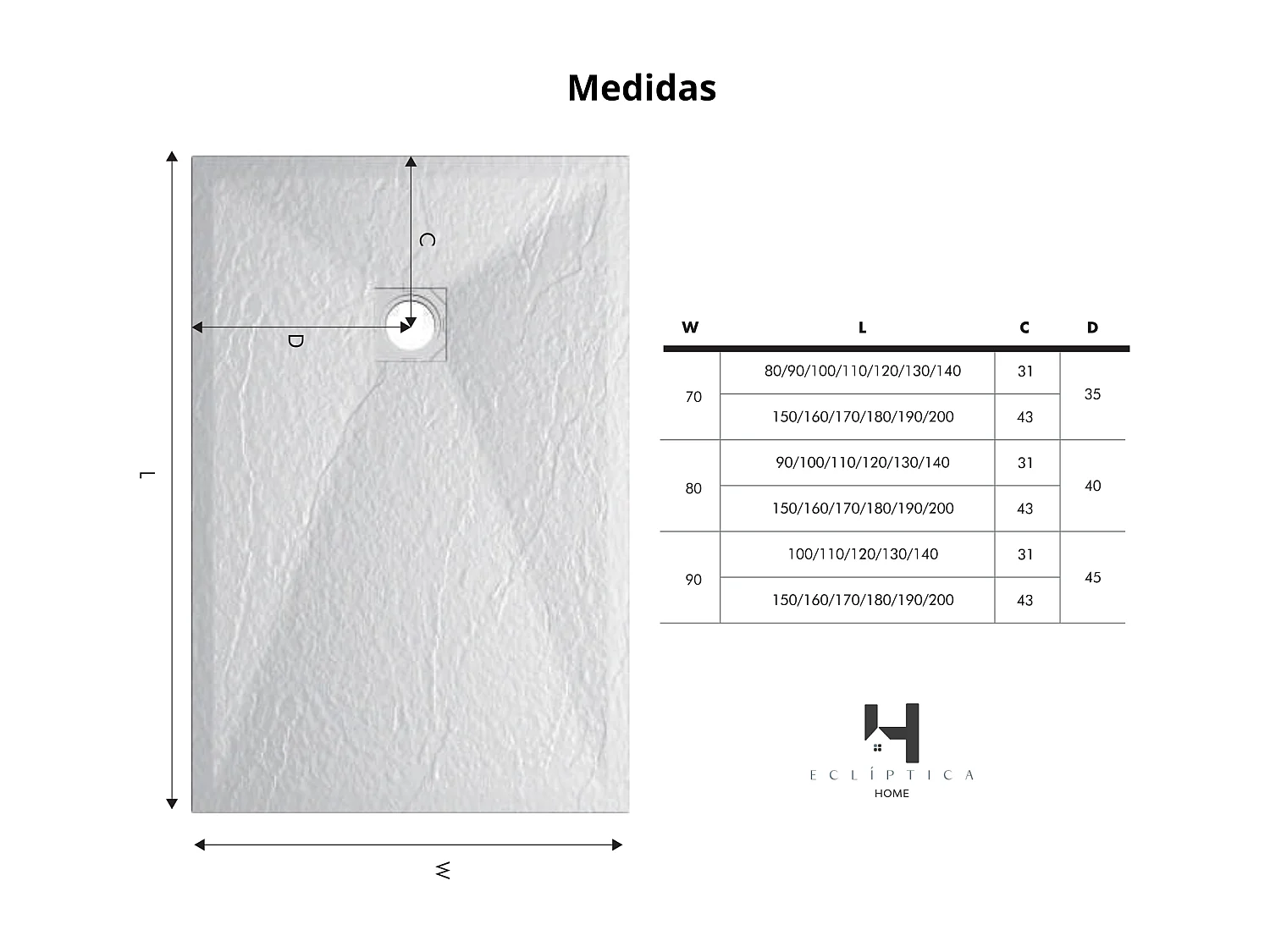 Plato de ducha 90x170 cm resina antideslizante | Carga mineral, textura piedra, blanco | Incluye válvula y rejilla