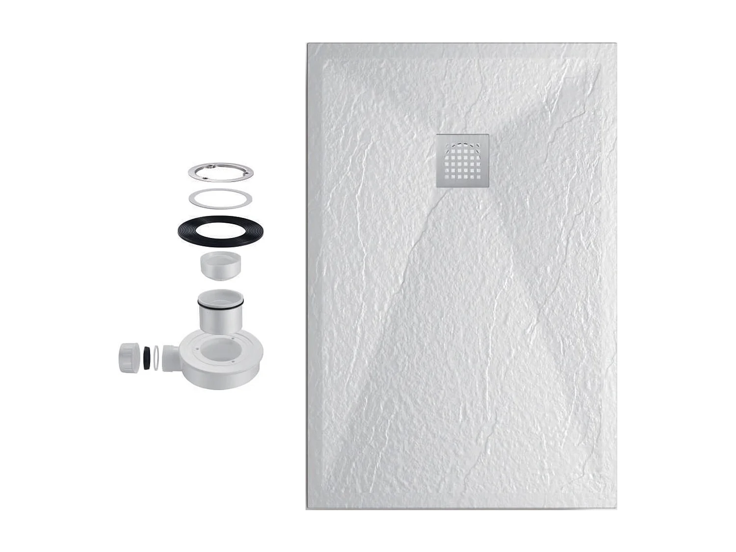 Plato Ducha Resina TITAN- Antideslizante Extraplano Ultraligero  Textura pizarra Color Blanco 70X170 CM-Valvula+Rejilla Inox