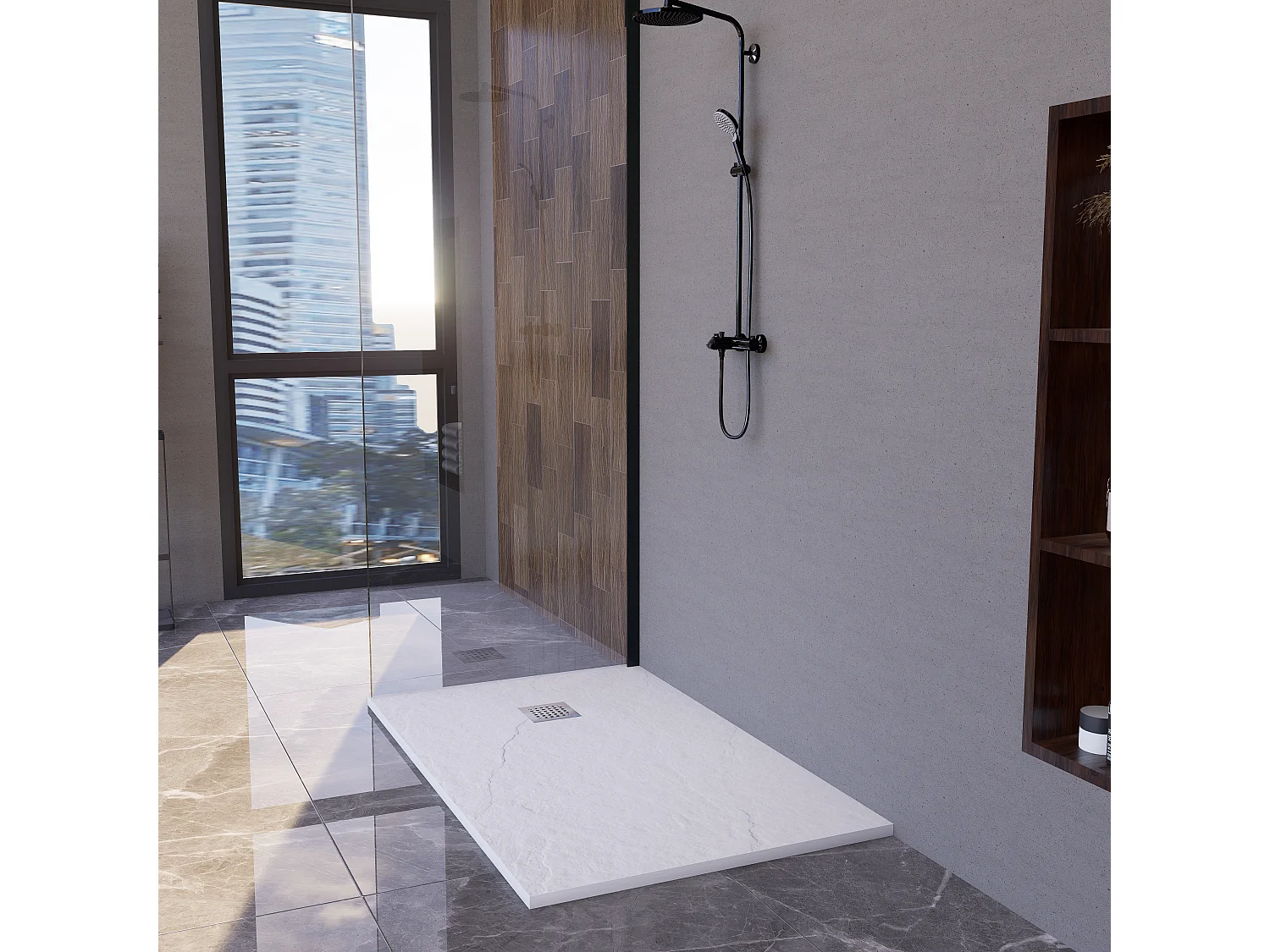 Plato Ducha Resina TITAN- Antideslizante Extraplano Ultraligero  Textura pizarra Color Blanco 70X150 CM-Valvula+Rejilla Inox