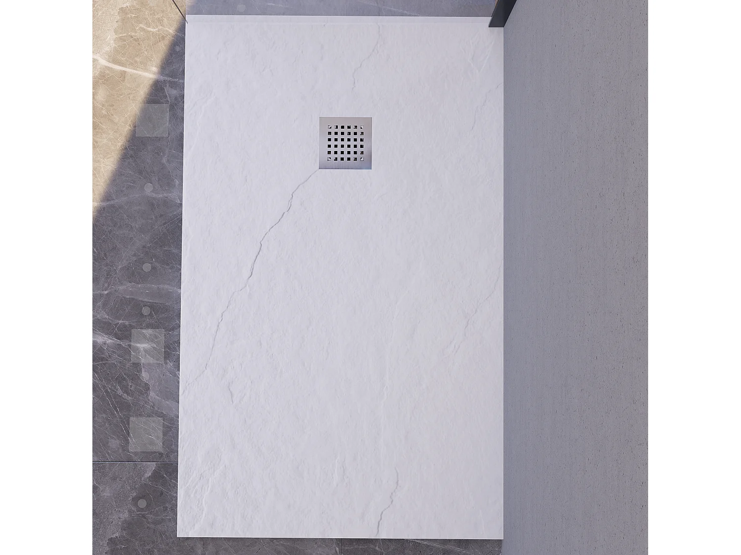 Plato de ducha 80x170 cm resina antideslizante | Carga mineral, textura piedra, blanco | Incluye válvula y rejilla