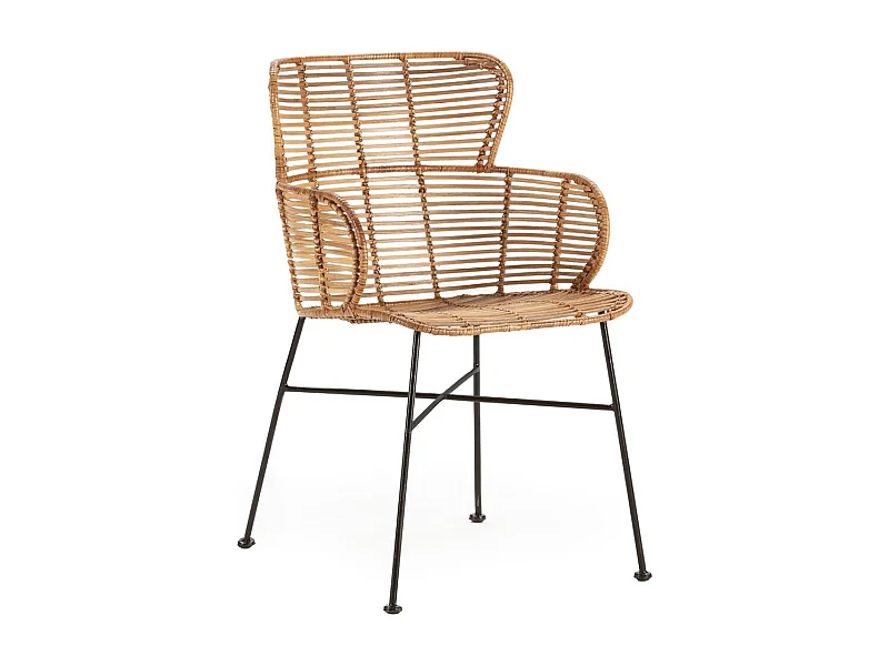 Fauteuil moderne en osier naturel et pieds métal noir BARRY – intérieur et extérieur