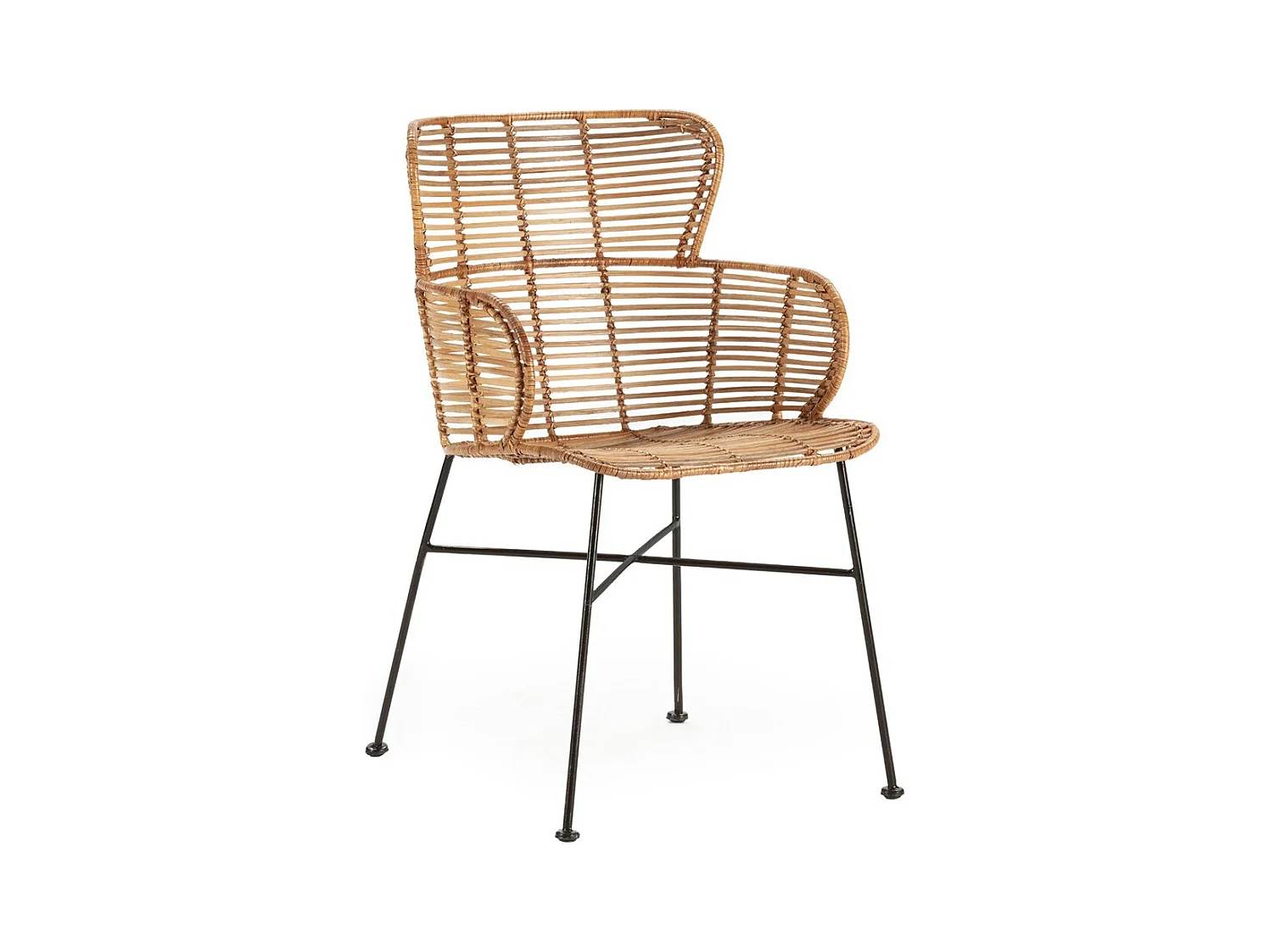 Fauteuil moderne en osier naturel et pieds métal noir BARRY – intérieur et extérieur