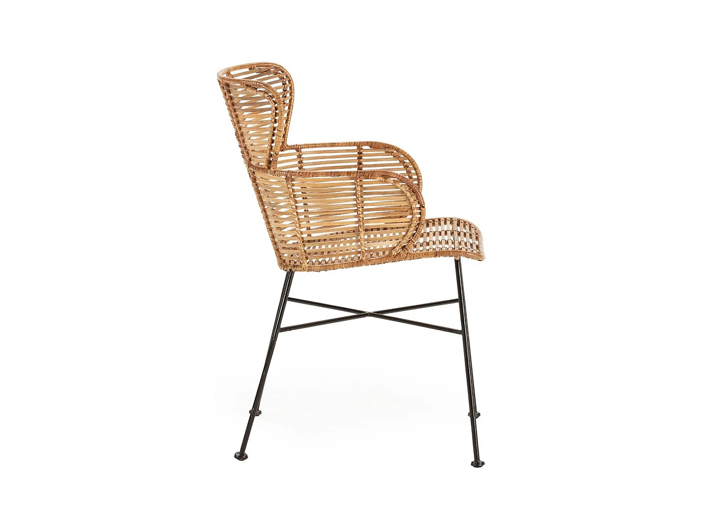 Fauteuil moderne en osier naturel et pieds métal noir BARRY – intérieur et extérieur