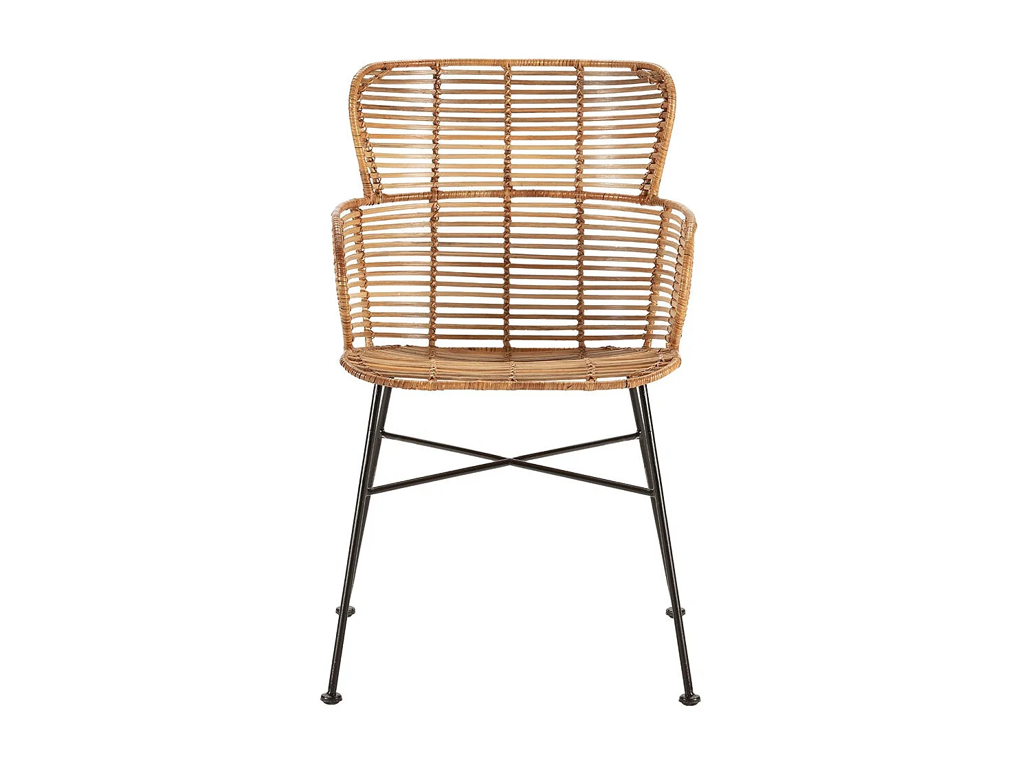 Fauteuil moderne en osier naturel et pieds métal noir BARRY – intérieur et extérieur