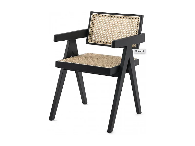 Chaise en bois de Frêne et rotin Landas - Style vintage avec accoudoirs-Couleur Noir