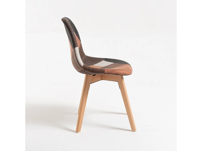 Chaise en similicuir patchwork marron et pieds en hêtre massif clair – Modèle Vinko