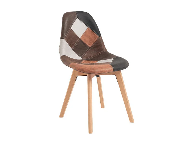 Chaise en similicuir patchwork marron et pieds en hêtre massif clair – Modèle Vinko