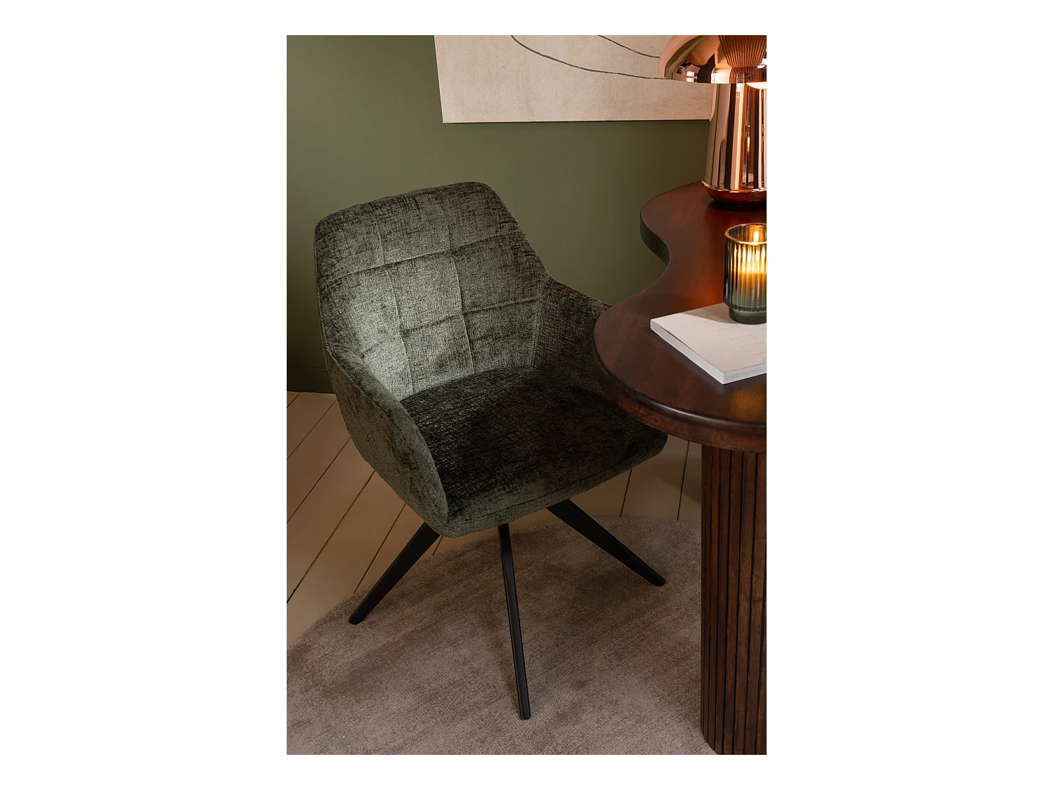 Chaise avec accoudoirs LOUNA – Tissu doux et pieds acier noir-Vert