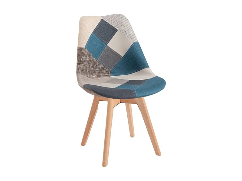 Silla de tela patchwork azul Kaby con patas de haya maciza clara