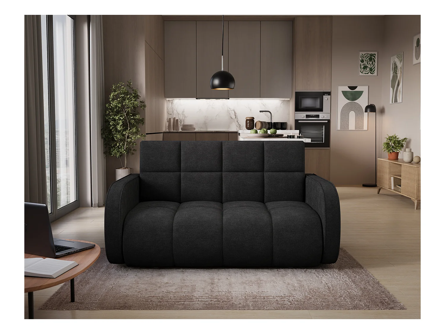 Canapé convertible tissu DENVERS – Avec coffre de rangement-Noir