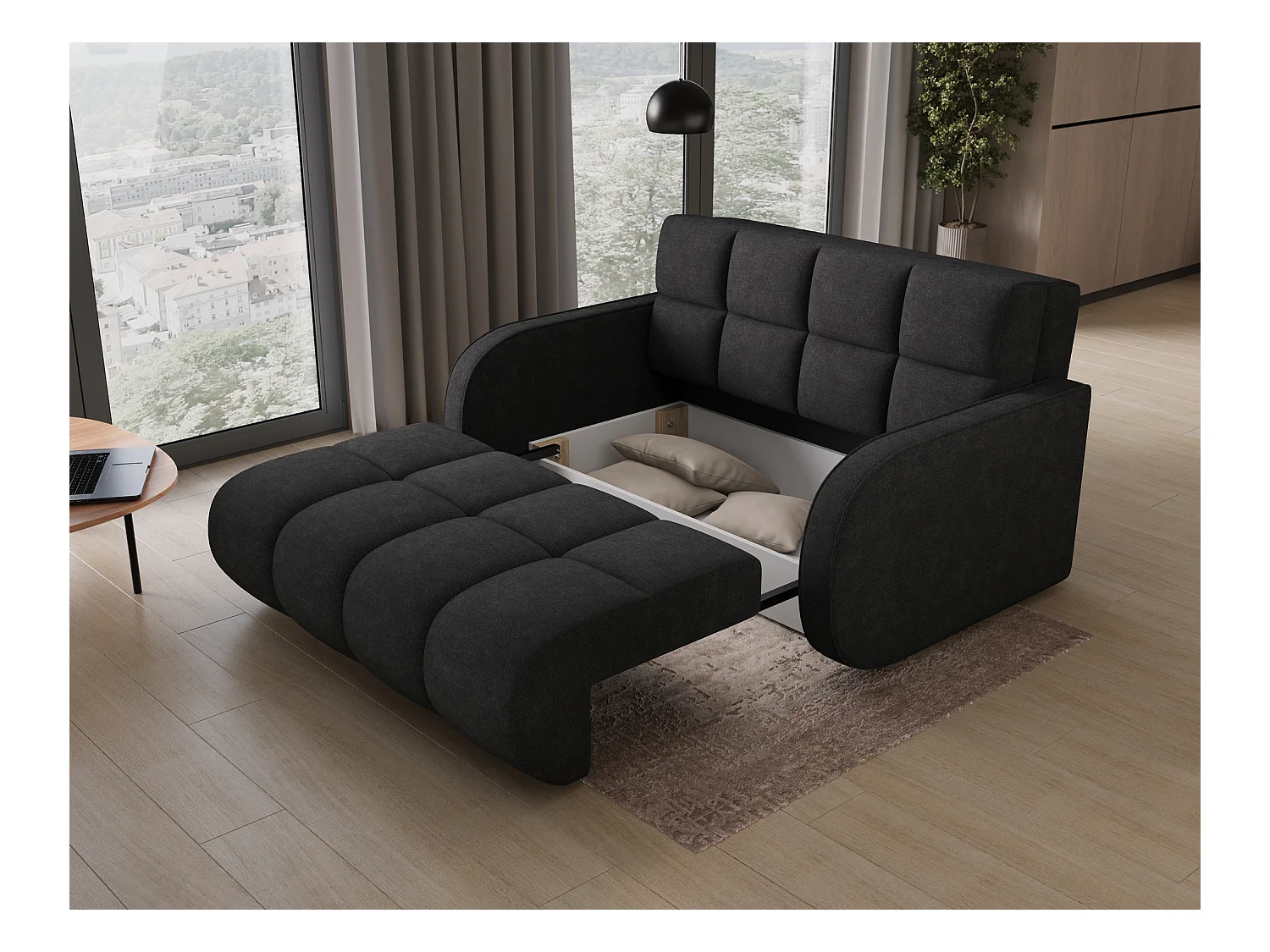 Canapé convertible tissu DENVERS – Avec coffre de rangement-Noir