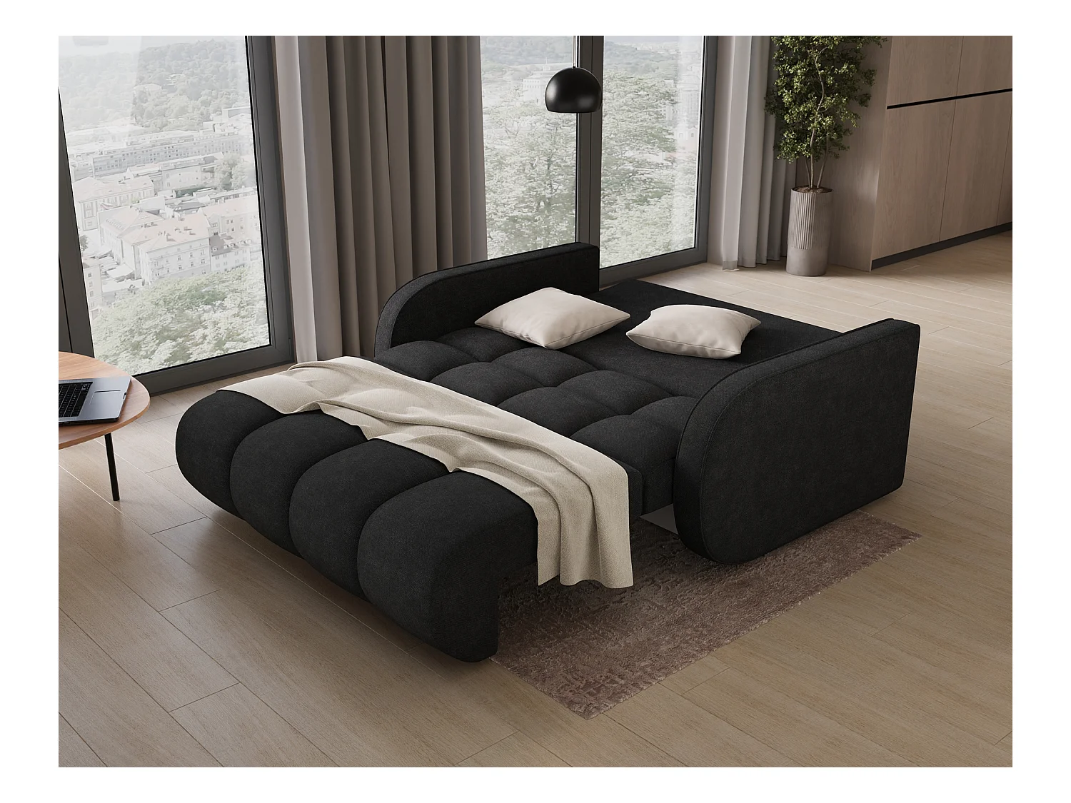 Canapé convertible tissu DENVERS – Avec coffre de rangement-Noir
